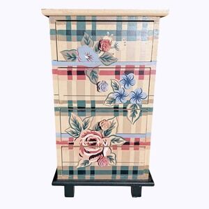 Trinket Jewelry Drawer Storage Vintage Hand Painted‎ Floral Plaid Cottagecore